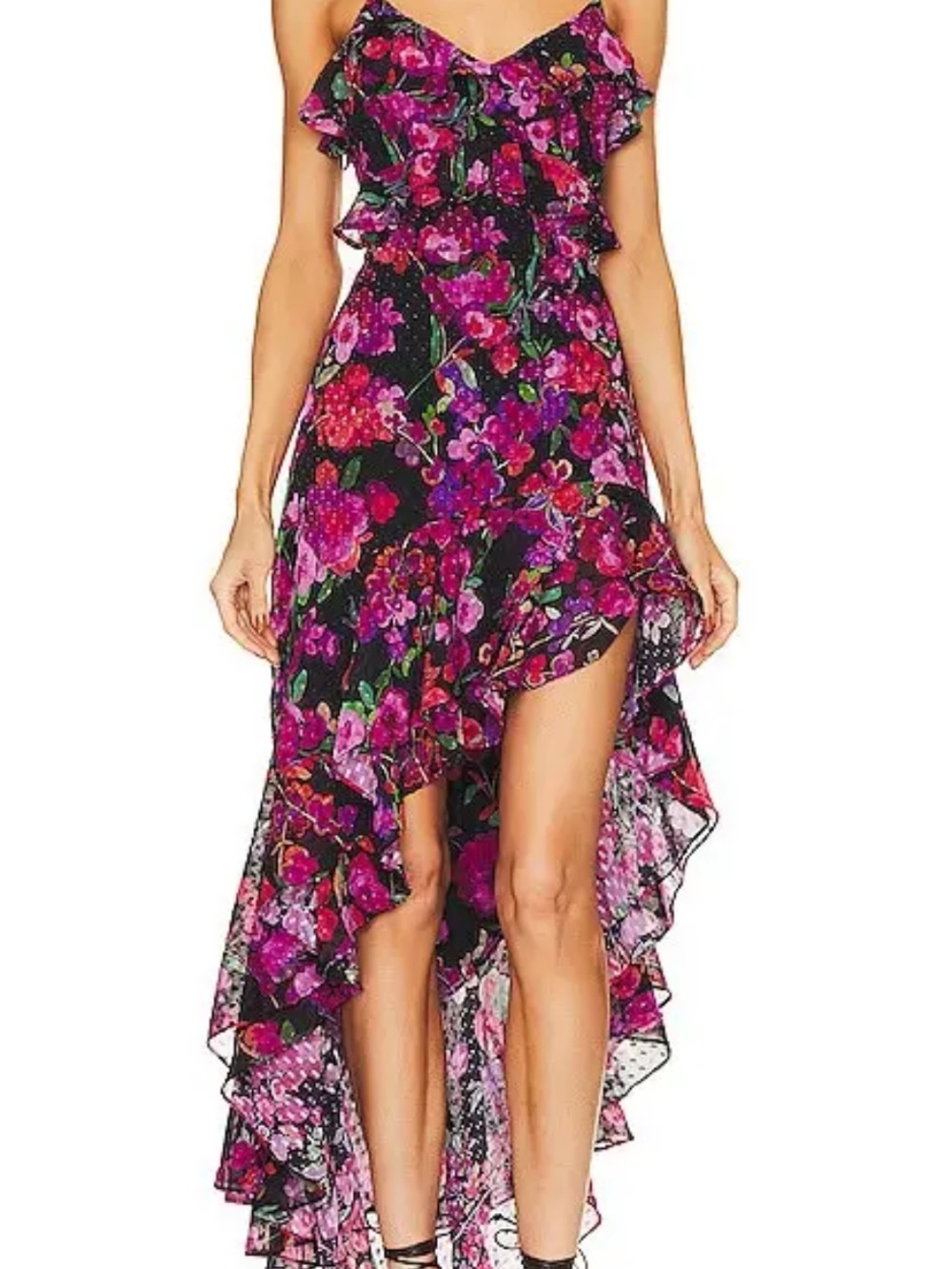 Line & Dot Black High-Low Slip Dress with Pink Floral Print